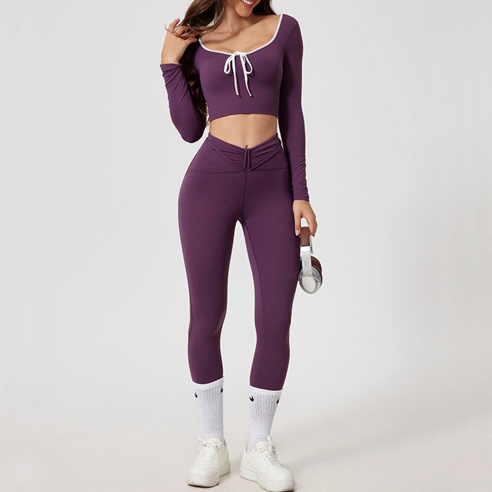 1/2Pcs Pad Crop Top Long Sleeve Gym Women Workout Set