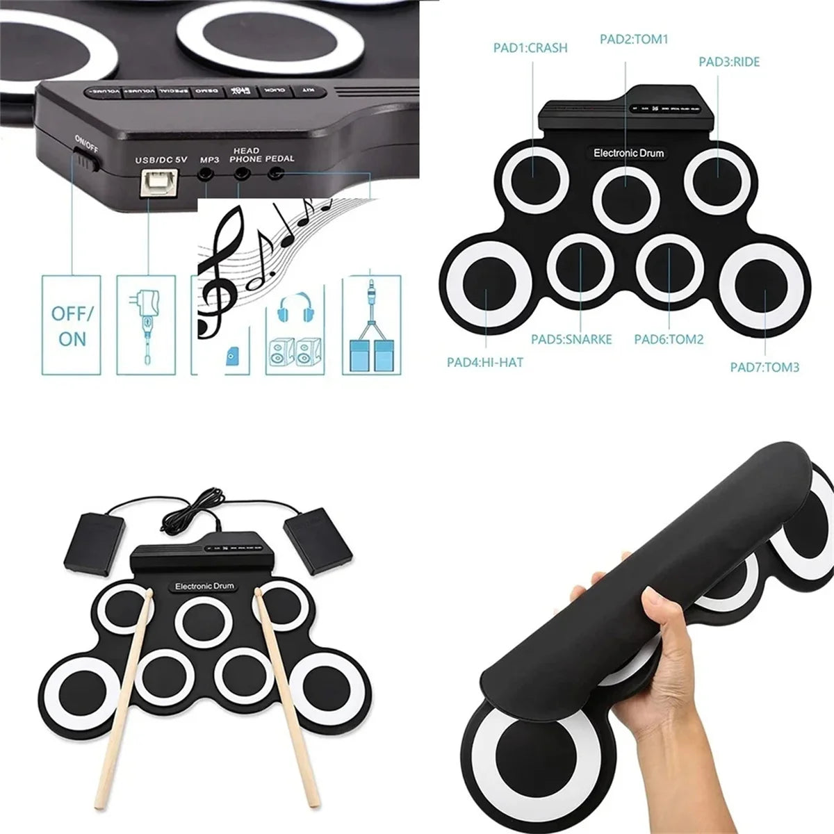 New Folding Silicone USB Electronic Drum With Drumsticks