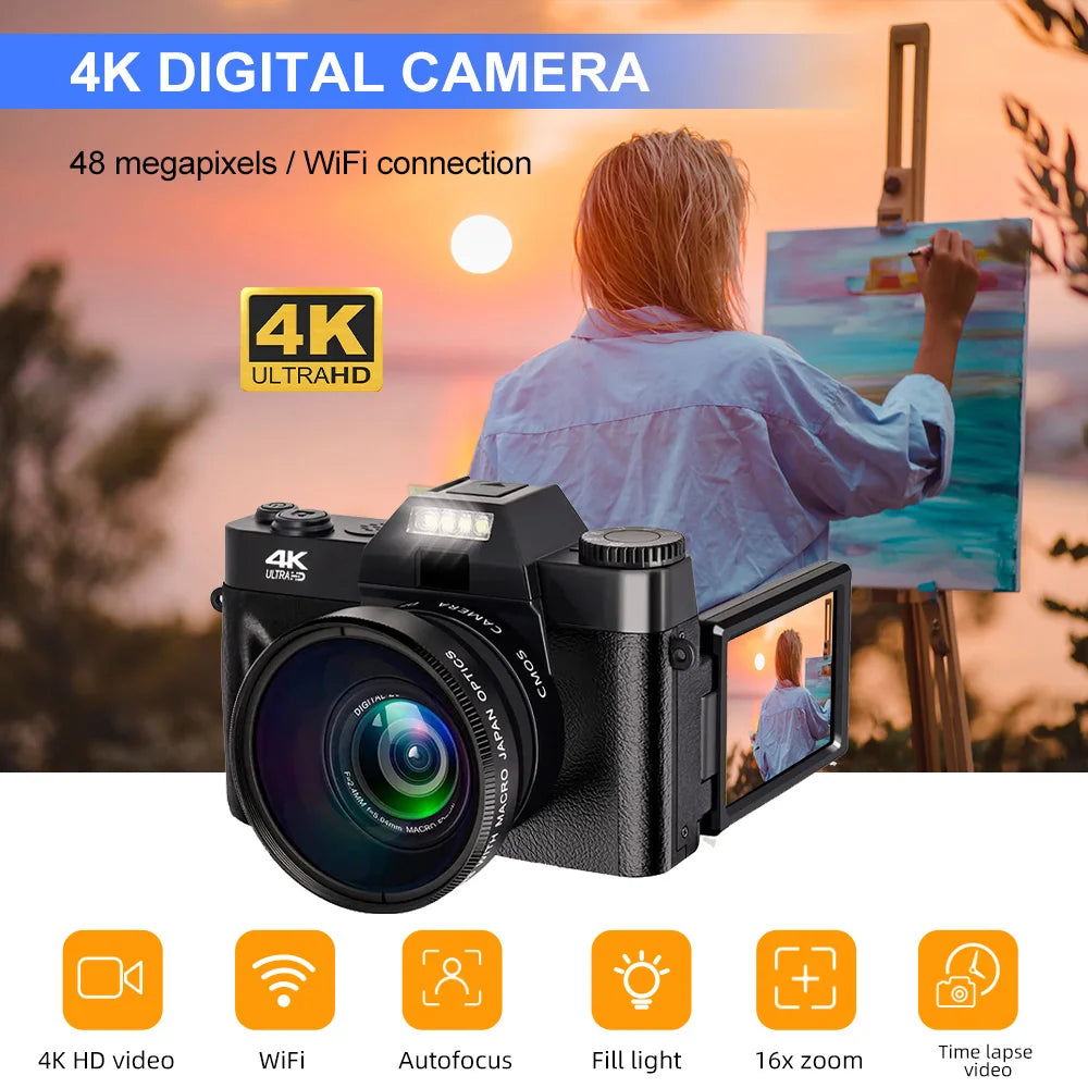4K Digital Camera 48MP 16X Digital Zoom 3'' Flip Screen