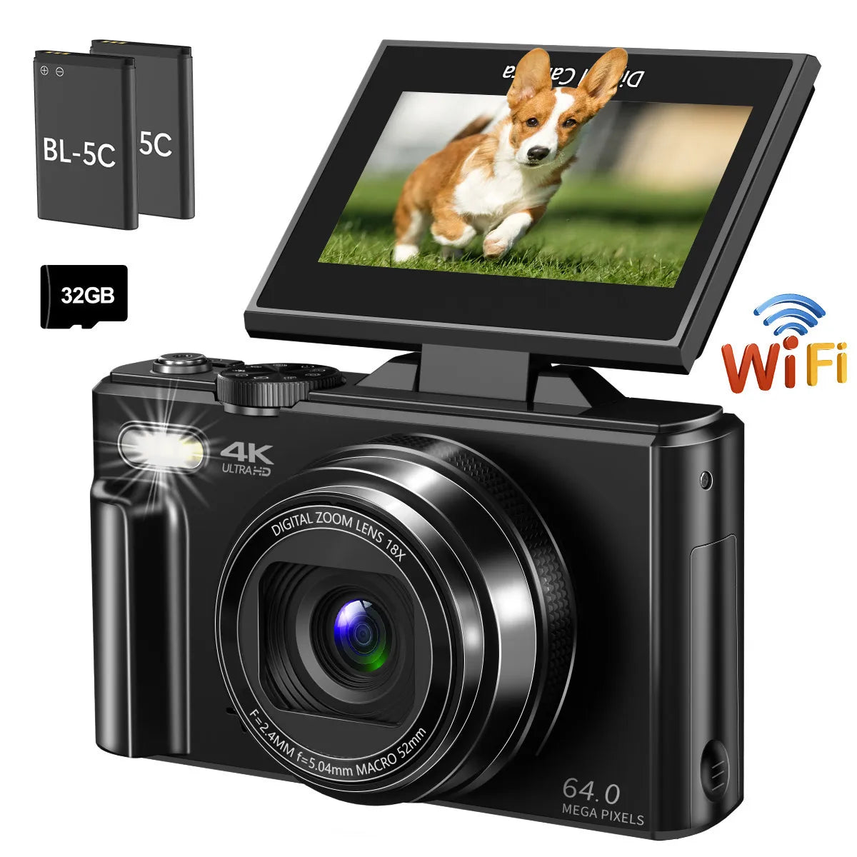4K compact digital photography camera, 18x digital zoom,180° flip screen, WiFi webcam