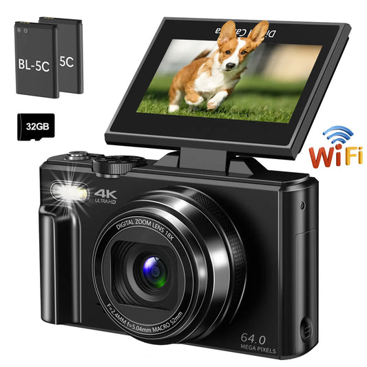 4K compact digital photography camera, 18x digital zoom,180° flip screen, WiFi webcam