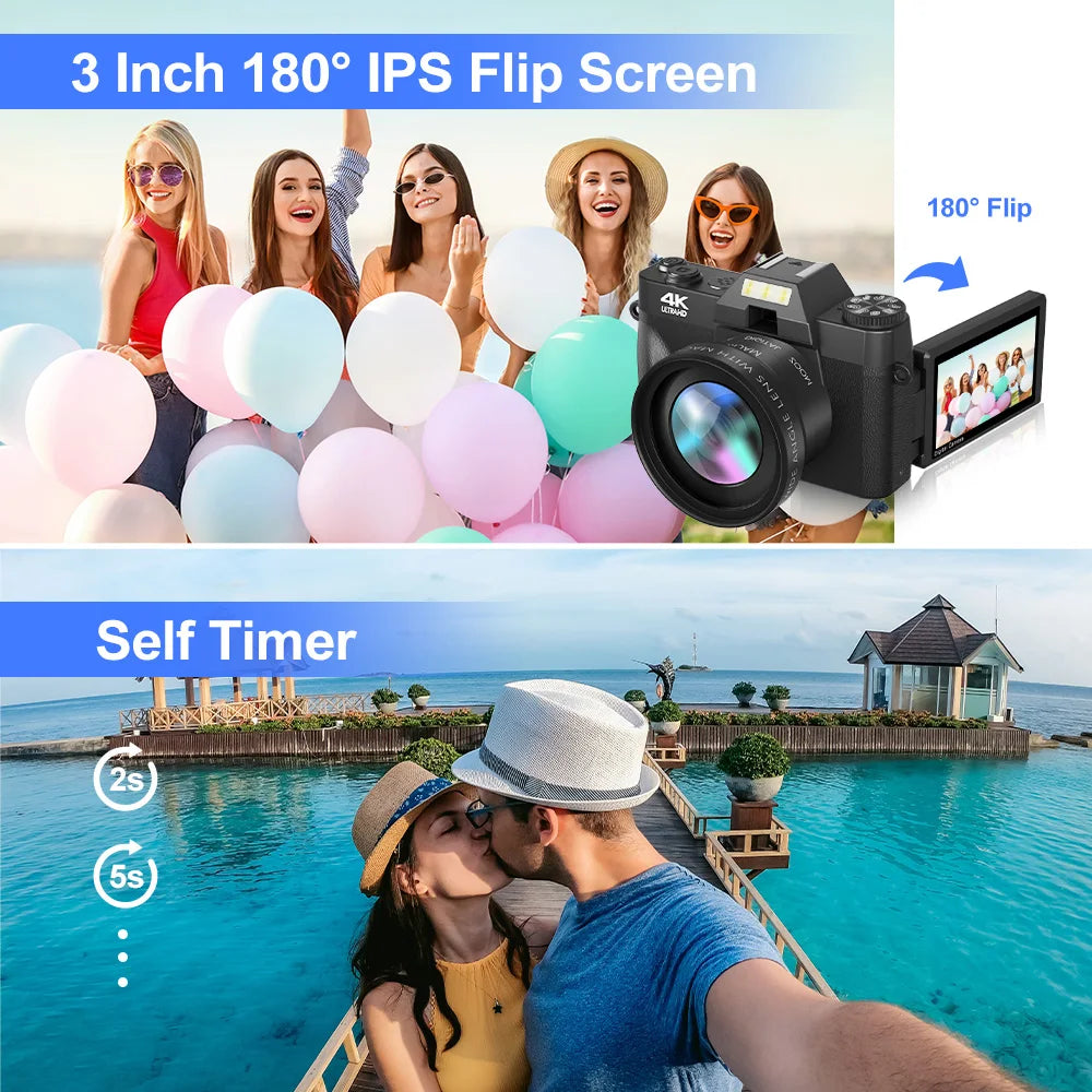 4K Digital Camera 48MP 16X Digital Zoom 3'' Flip Screen