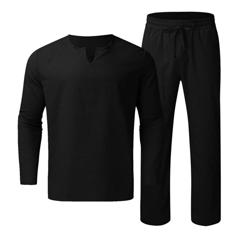 Men s Summer Cotton Linen Clothes Solid Color Long Sleeve Henley Shirt Elastic Waist Drawstring Pants 2 Pieces Loungewear Set