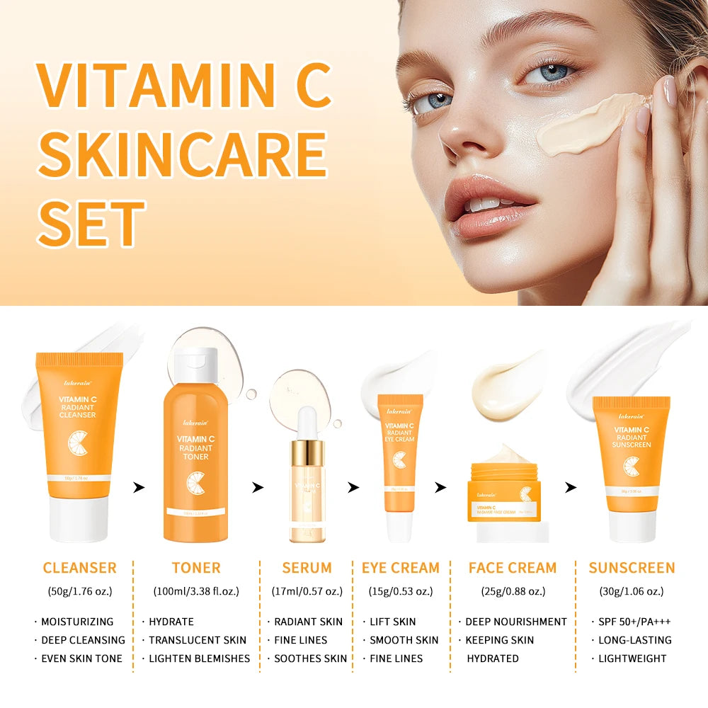 6pcs/set Vitamin C Skin Care Set  Face Cream Moisturizing Anti Wrinkles Face Care Kit Gift Box