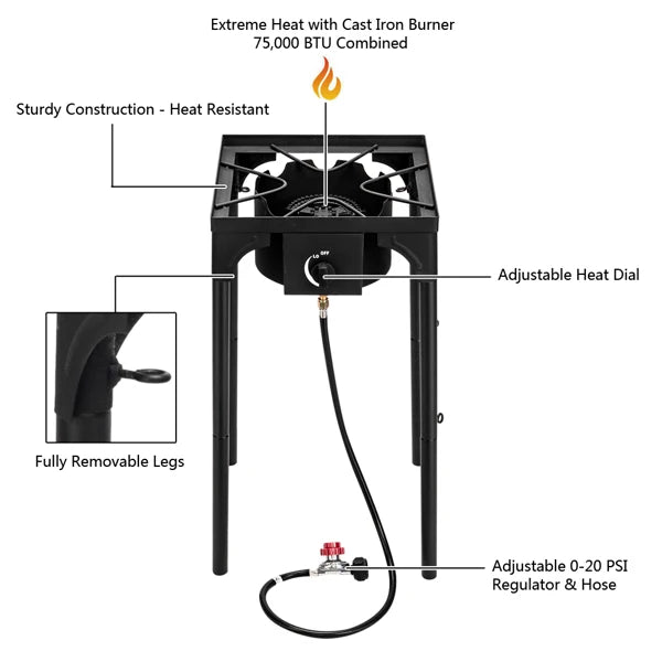 Outdoor Camp Stove High Pressure Propane Gas Cooker Portable Cast Iron Burner 75000 BTU