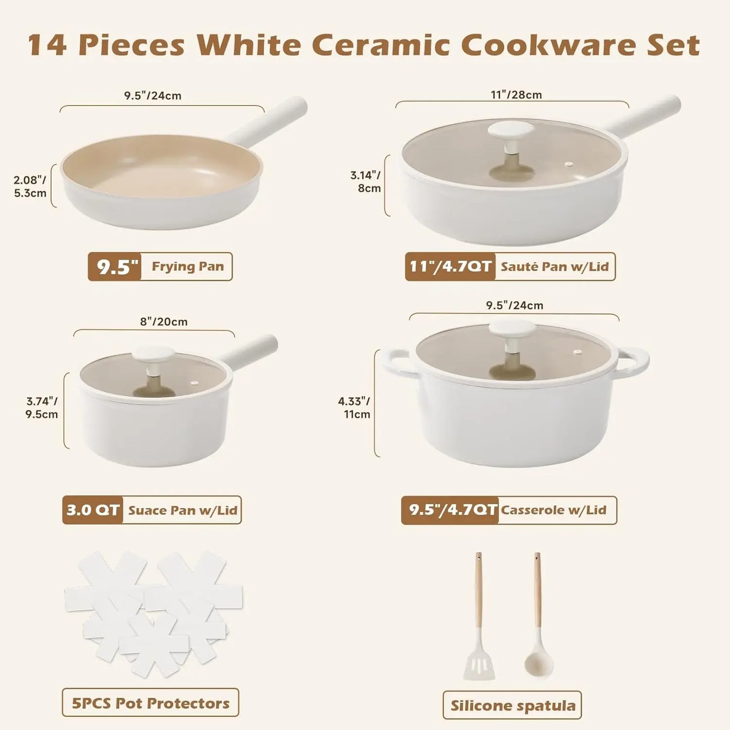 14Pcs Beige Ceramic Cookware Set  Pots and Pans Set Nonstick