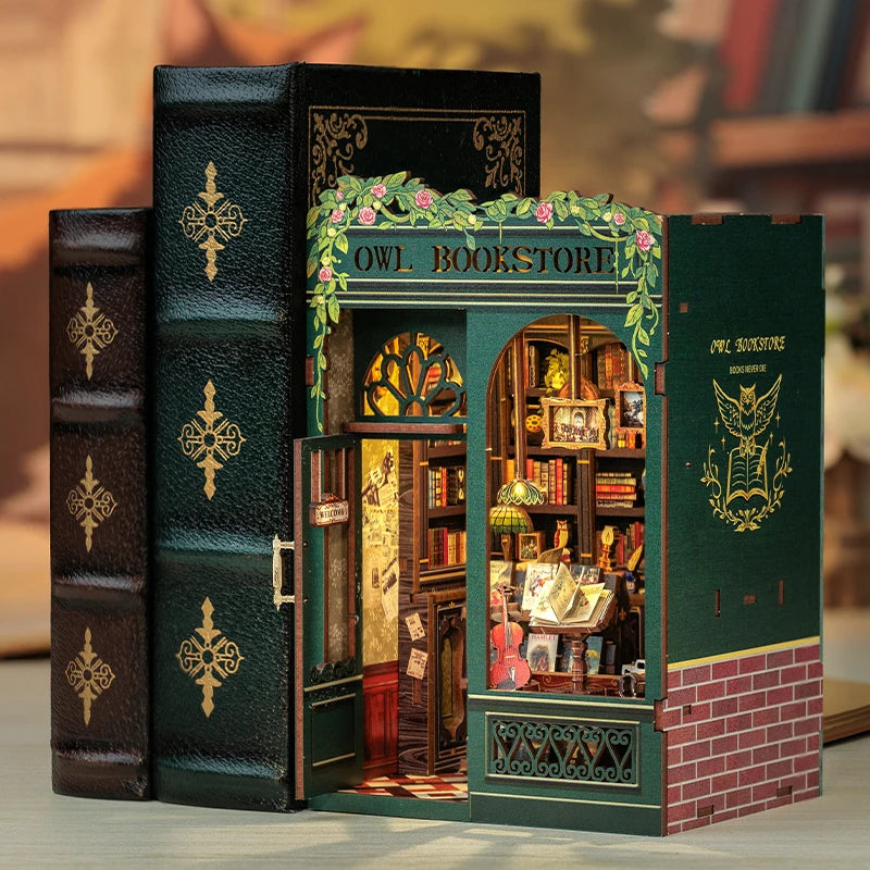 Nook Kit Miniature Wooden Dollhouse with Lights Bookshelf Insert 3D Puzzle Decor