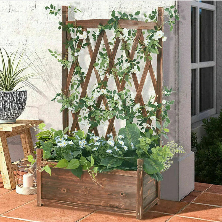 Wooden Raised Plant Vegetable Bed Garden Elevated Planter Box with Trellis for Growing Fresh Herbs Flowers