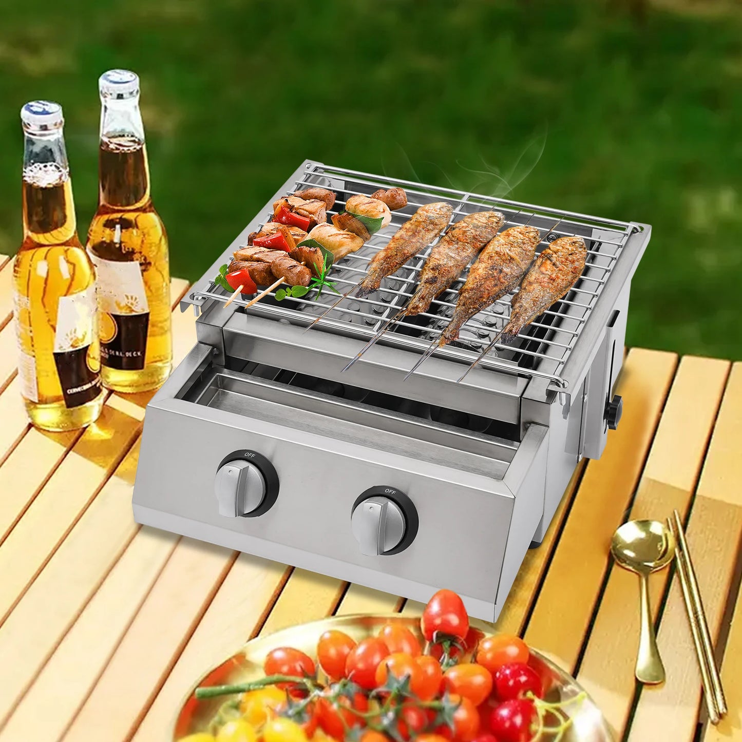 Camping BBQ Tabletop 2 Burner Gas Grill Outdoor Steel Shield