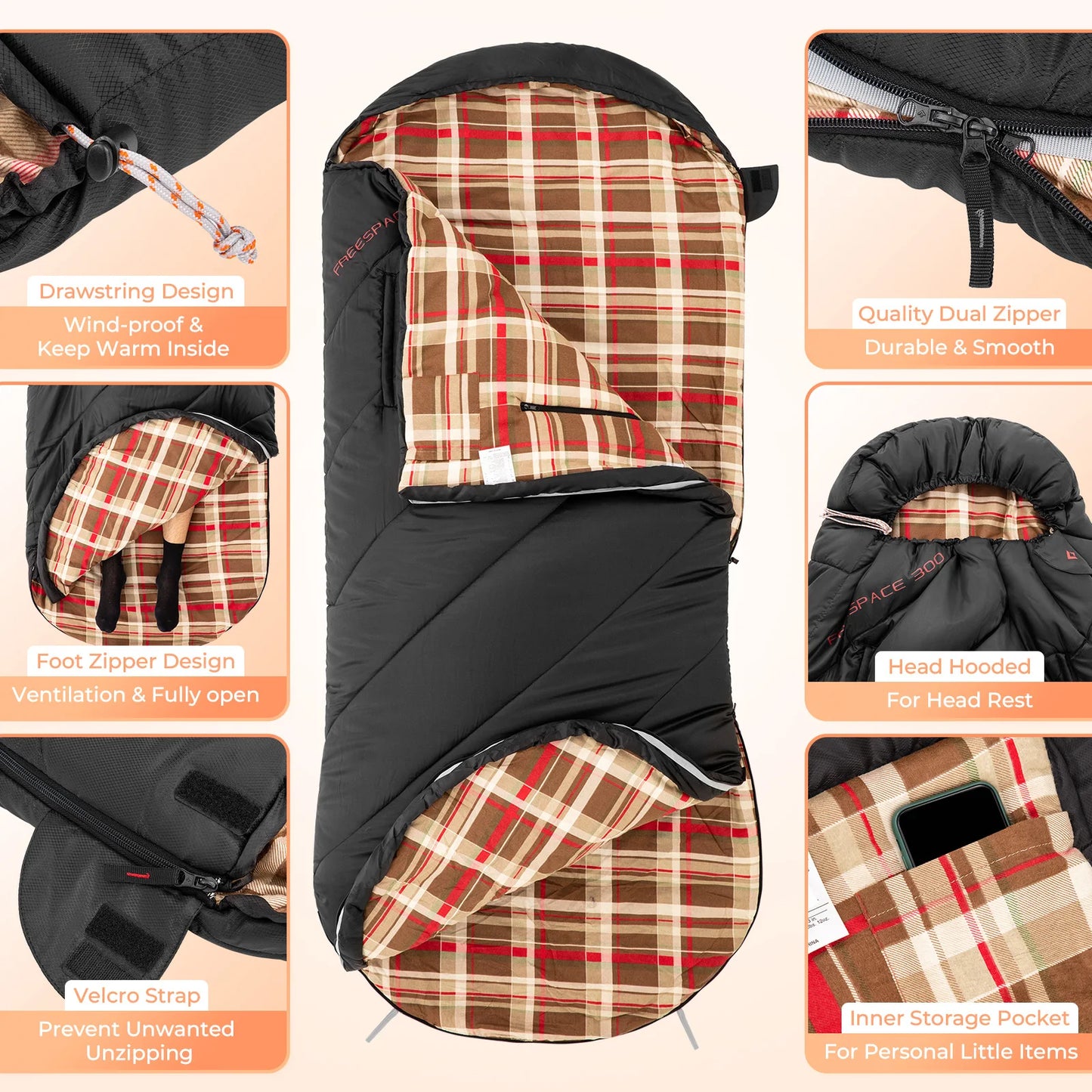 KingCamp Flannel Sleeping Bag for Camping, Stretchable Polyester-cotton