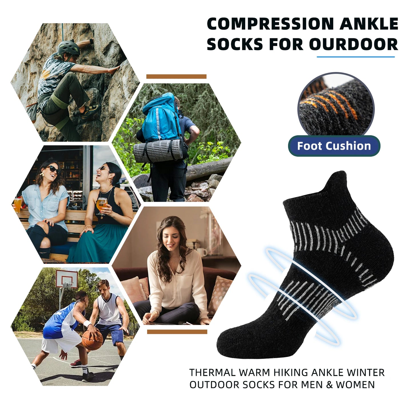 6 Pairs Merino Wool Ankle  Compression Socks
