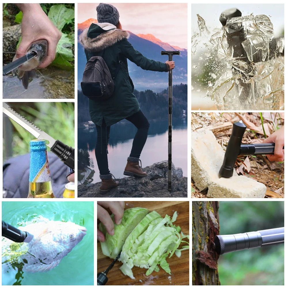 Multi Mountaineering Stick with Camouflage Backpack T-shaped Retractable Tool
