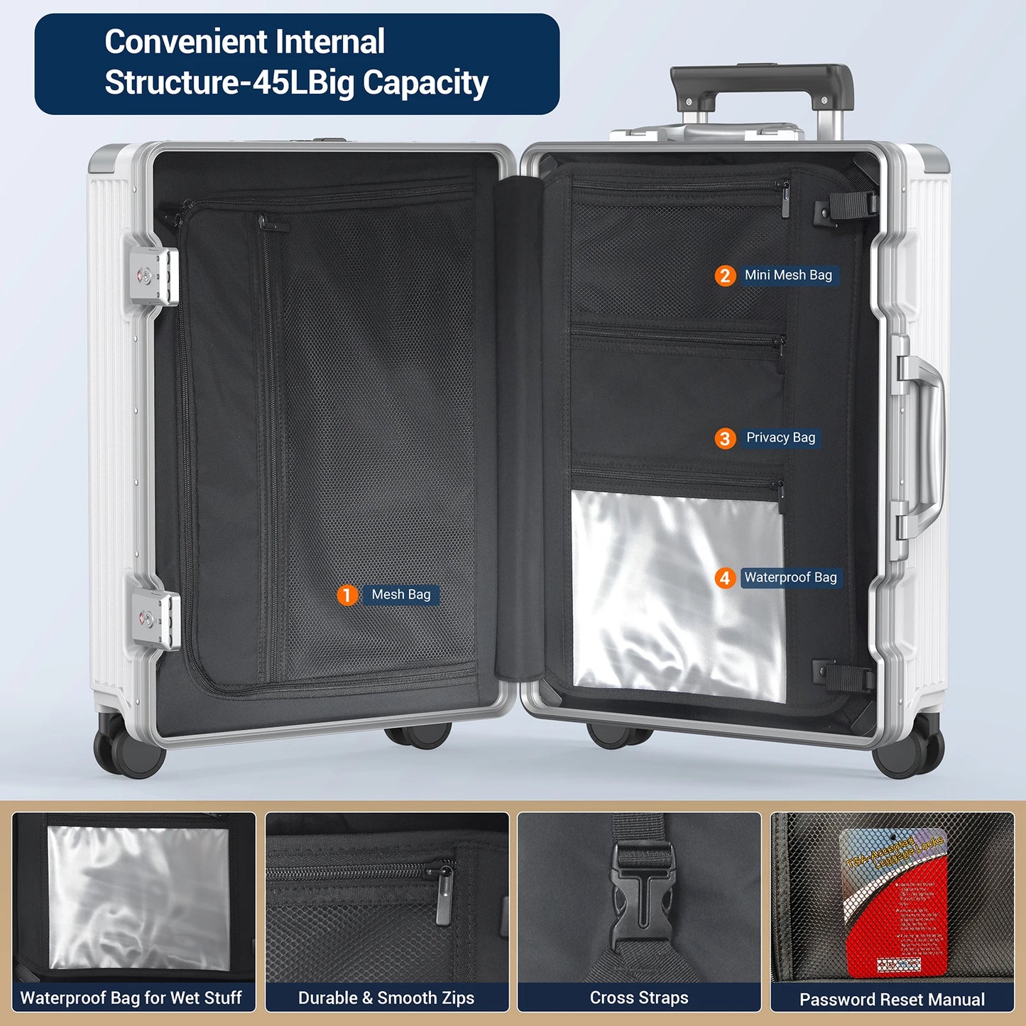 Airline Approved 22 inch Carry On Luggage,Aluminum Framed Carry On Suitcase with Front Open Laptop Compartment/Pocket
