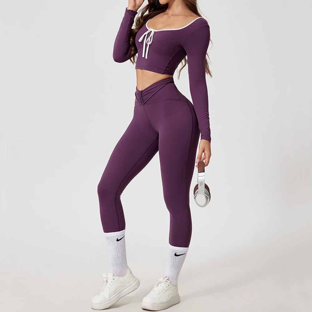 1/2Pcs Pad Crop Top Long Sleeve Gym Women Workout Set