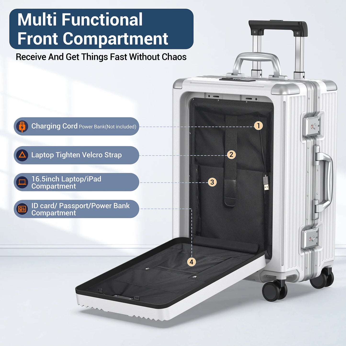Airline Approved 22 inch Carry On Luggage,Aluminum Framed Carry On Suitcase with Front Open Laptop Compartment/Pocket