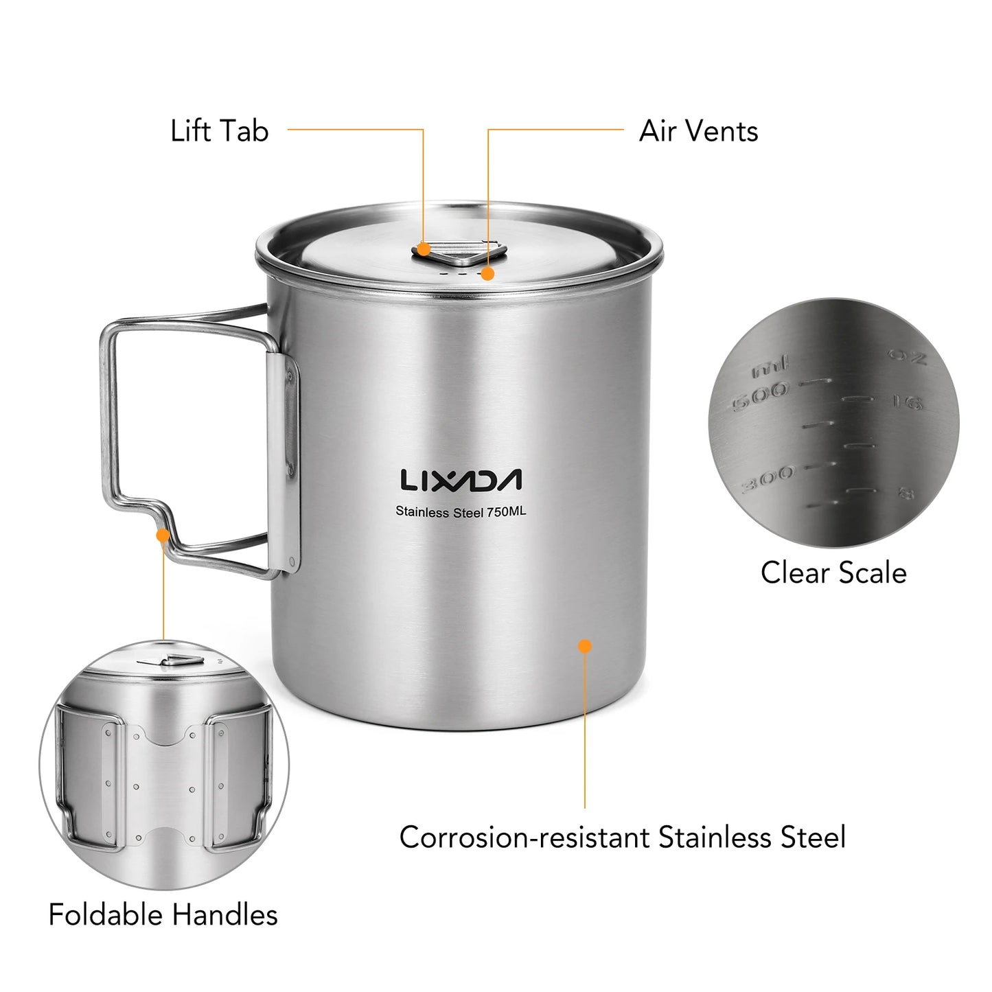 Lixada 750ml Outdoor Stainless Steel Water Cup Mug with Lid