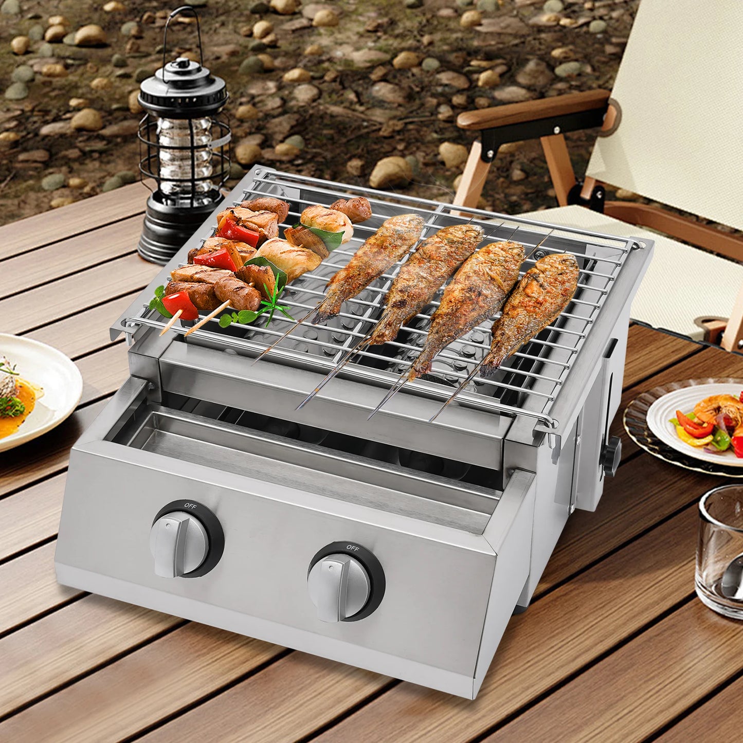 Camping BBQ Tabletop 2 Burner Gas Grill Outdoor Steel Shield