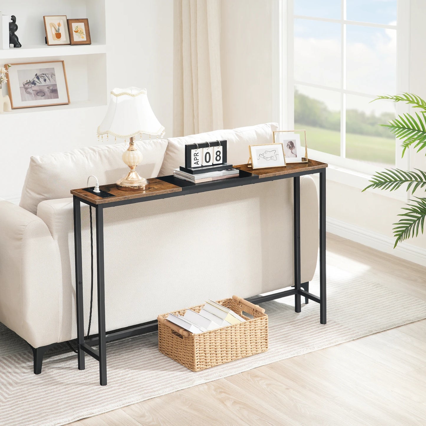 Narrow Console Table with Power Outlets for Living Room