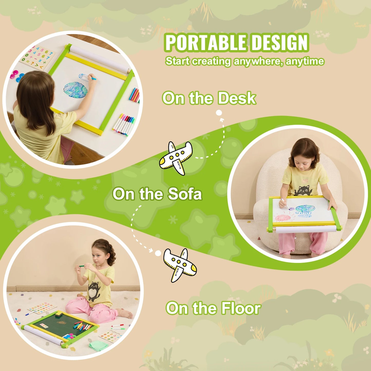 Children Magnetic Drawing Board 3-in-1 Double-Sided Wooden Kids Art Easel
