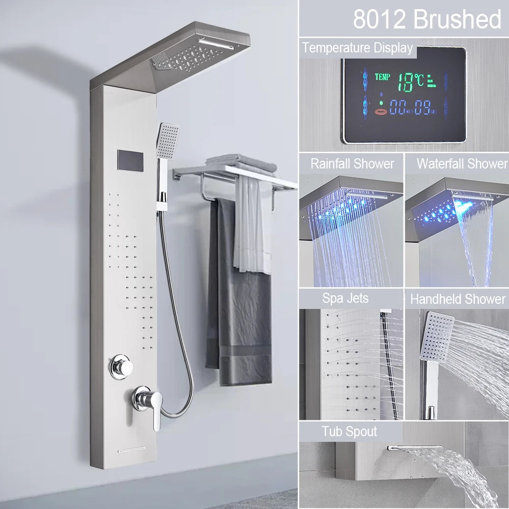 LED Light Shower Panel - Waterfall, Rain Digital Display Shower Faucet Set