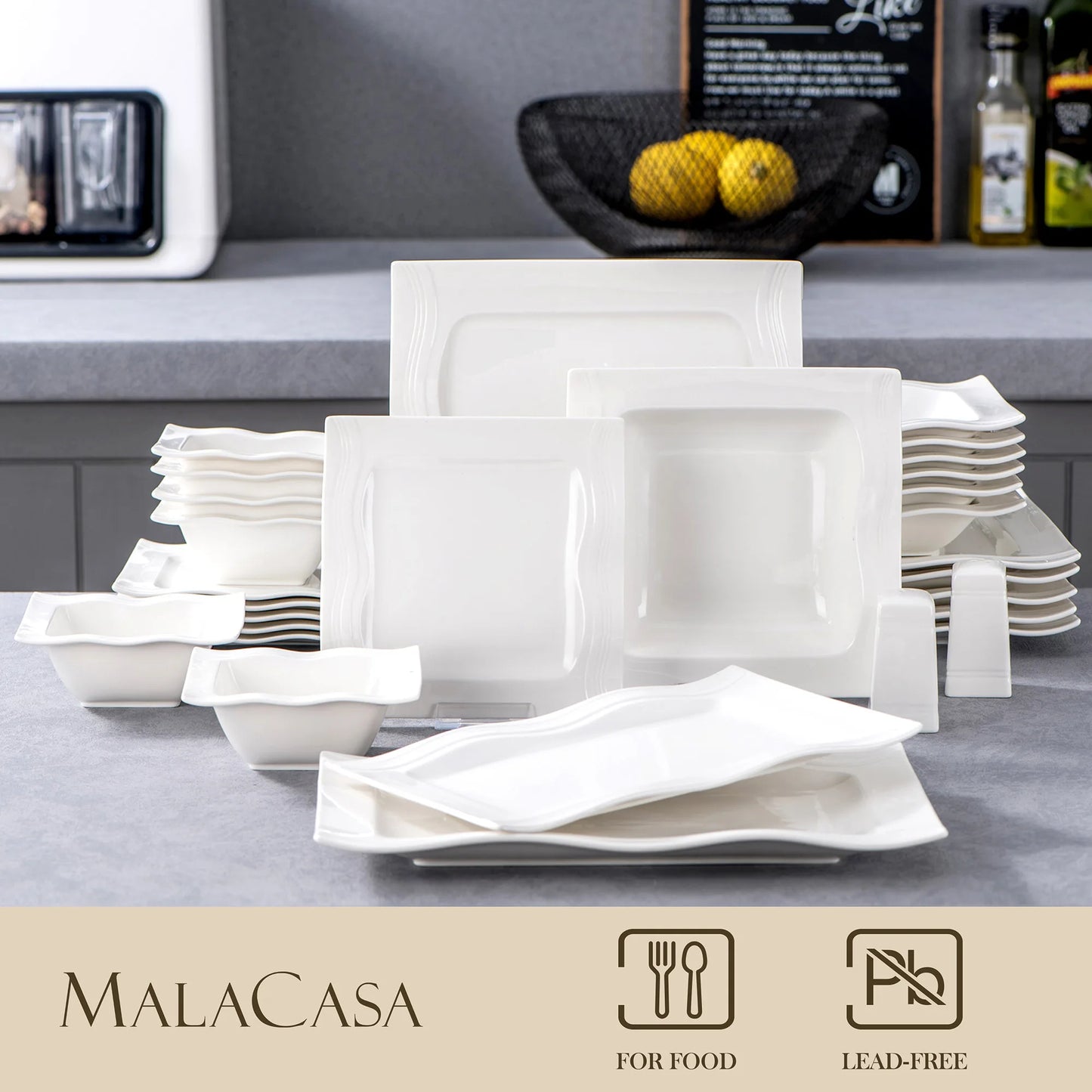 MALACASA Square Dinnerware Sets 28 Piece White Porcelain Dinner Set