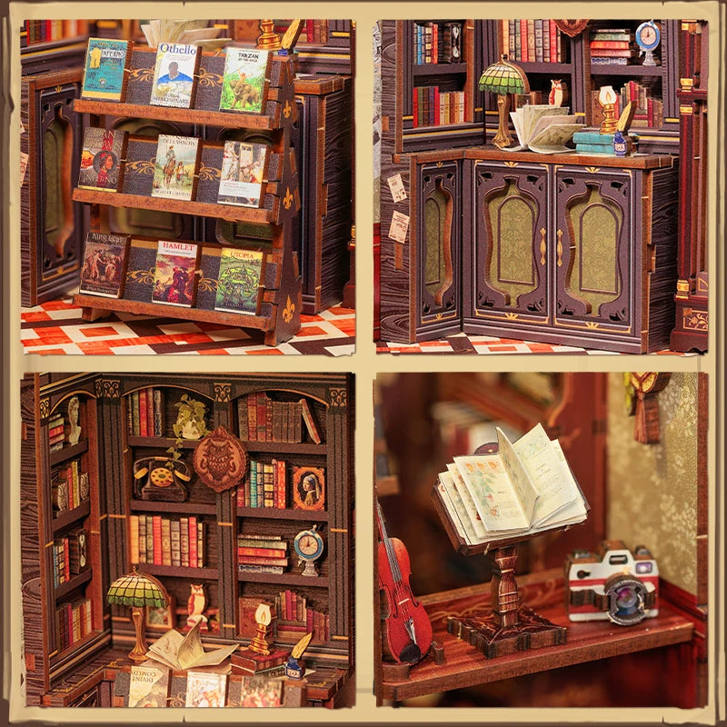 Nook Kit Miniature Wooden Dollhouse with Lights Bookshelf Insert 3D Puzzle Decor