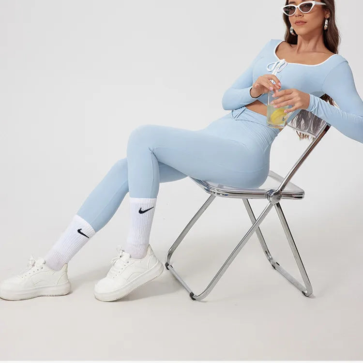 1/2Pcs Pad Crop Top Long Sleeve Gym Women Workout Set