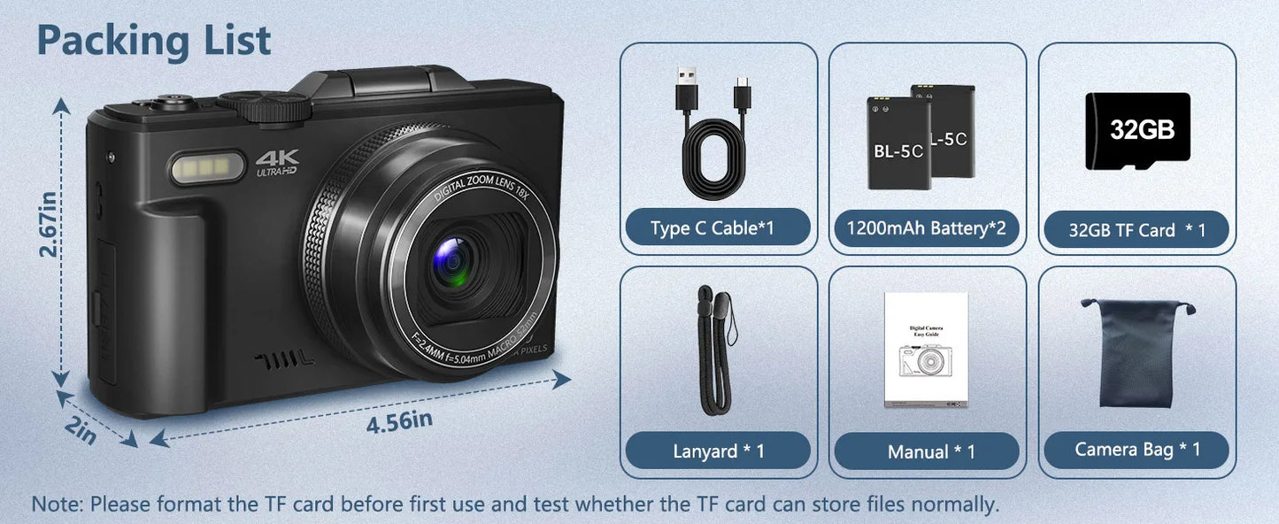 4K compact digital photography camera, 18x digital zoom,180° flip screen, WiFi webcam