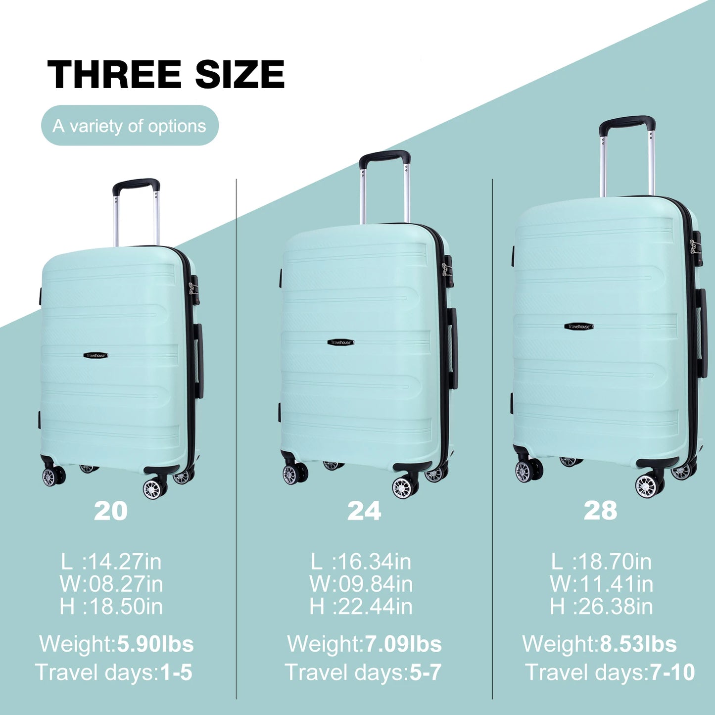 Travelhouse hardshell 3 Piece Set, PP Hard Wheel Suitcase Set with Spinner Wheels, TSA Lock, 20“24”28“