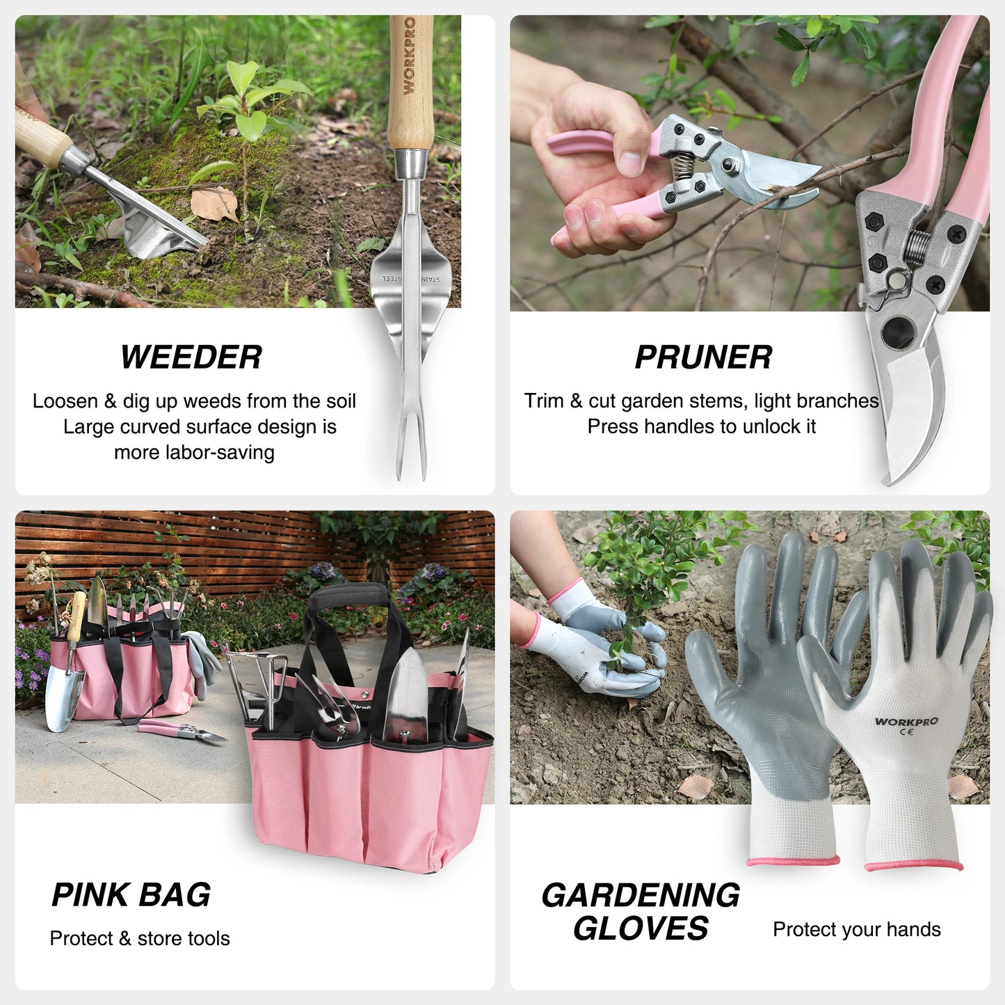 WORKPRO 8-Piece Pink Garden Tool Set with Tote and Gloves