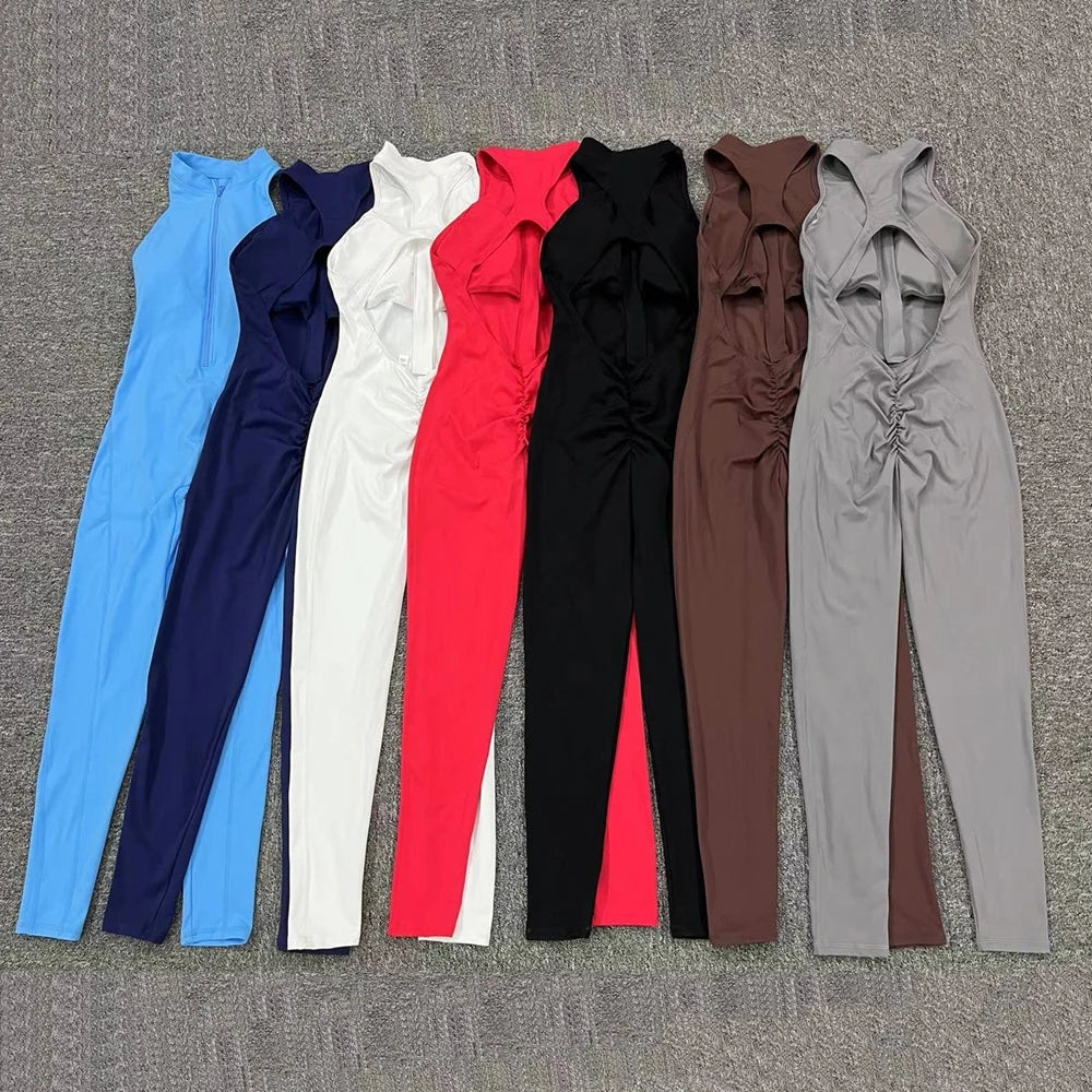 2025 Pad Deep V Women Tracksuit Yoga Set One Piece Jumpsuit Workout Scrunch Leggings Sport Gym Active Suit Exercise Wear XP301