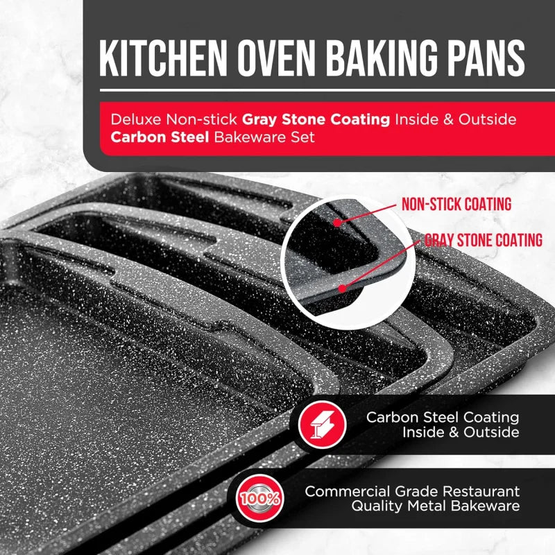 Gray Marble 3 Piece Set Cookie Sheet  - Non-Stick, Stackable Baking Pans