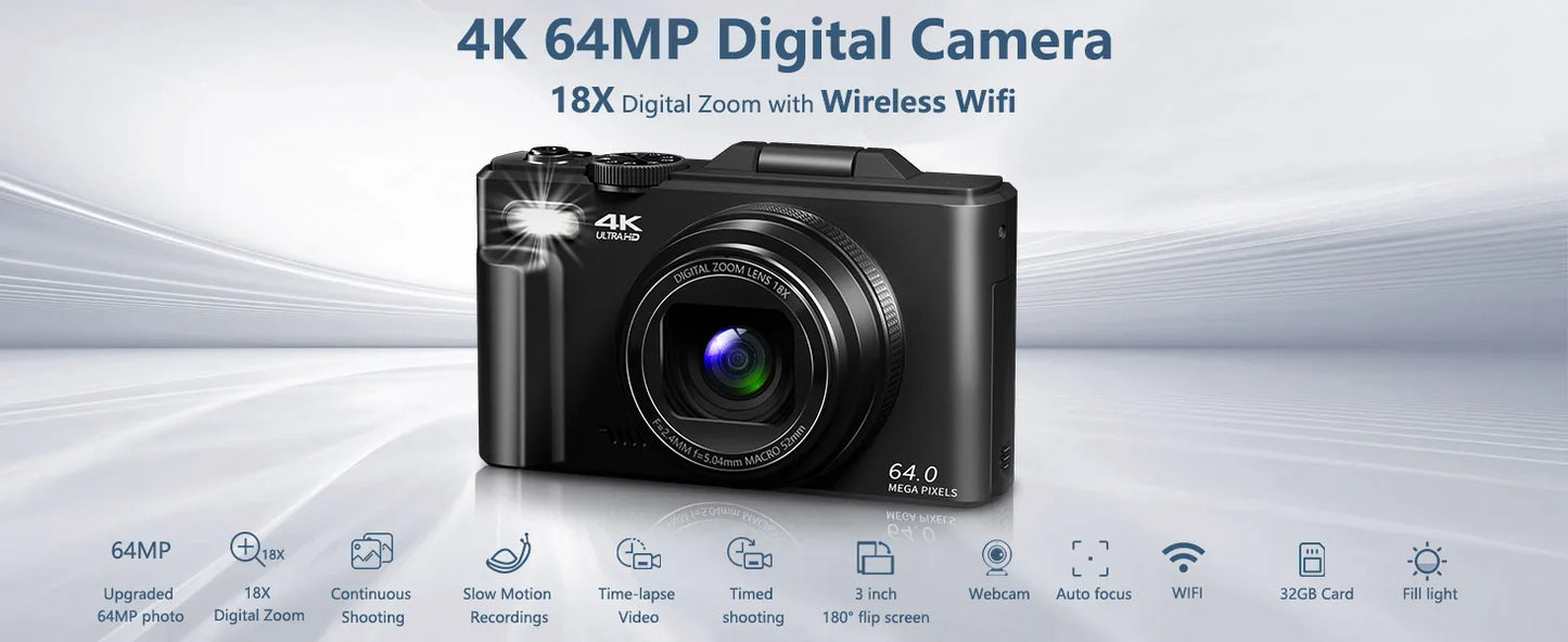 4K compact digital photography camera, 18x digital zoom,180° flip screen, WiFi webcam
