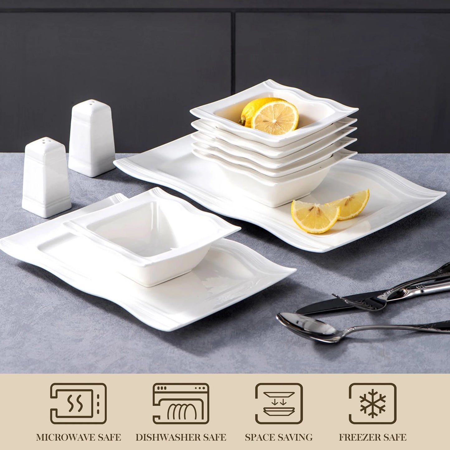 MALACASA Square Dinnerware Sets 28 Piece White Porcelain Dinner Set