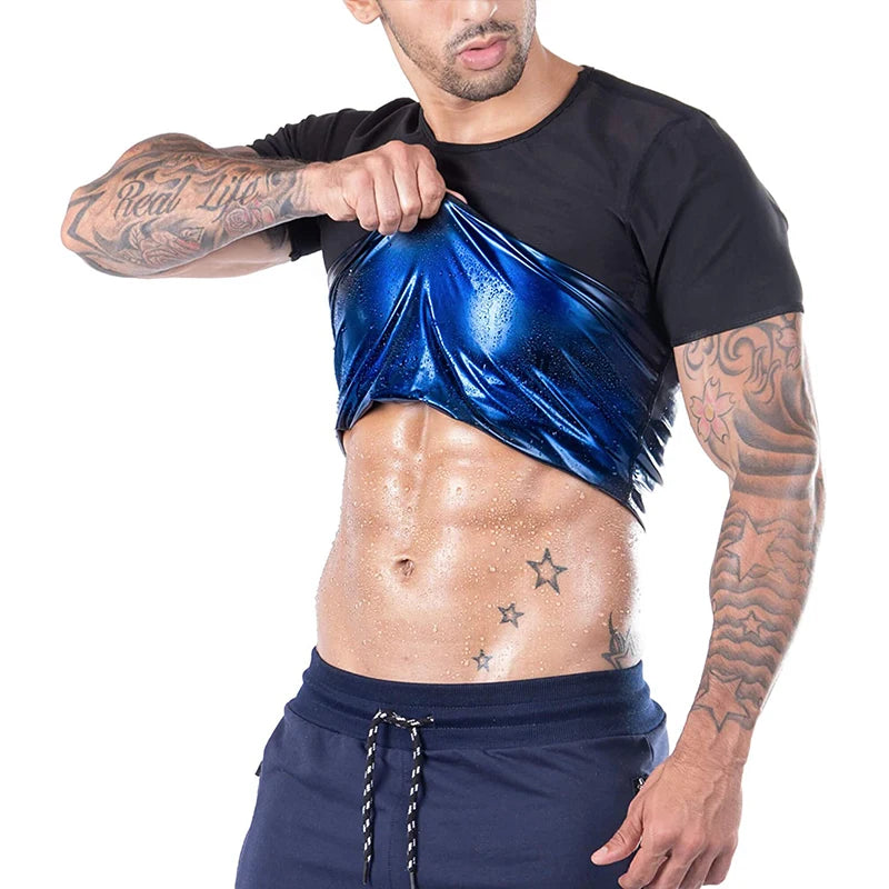 Pop Closets Sauna Shirt for Men Short Sleeve Compression T Shirt Weight Loss Body Shaper for Workout Sports
