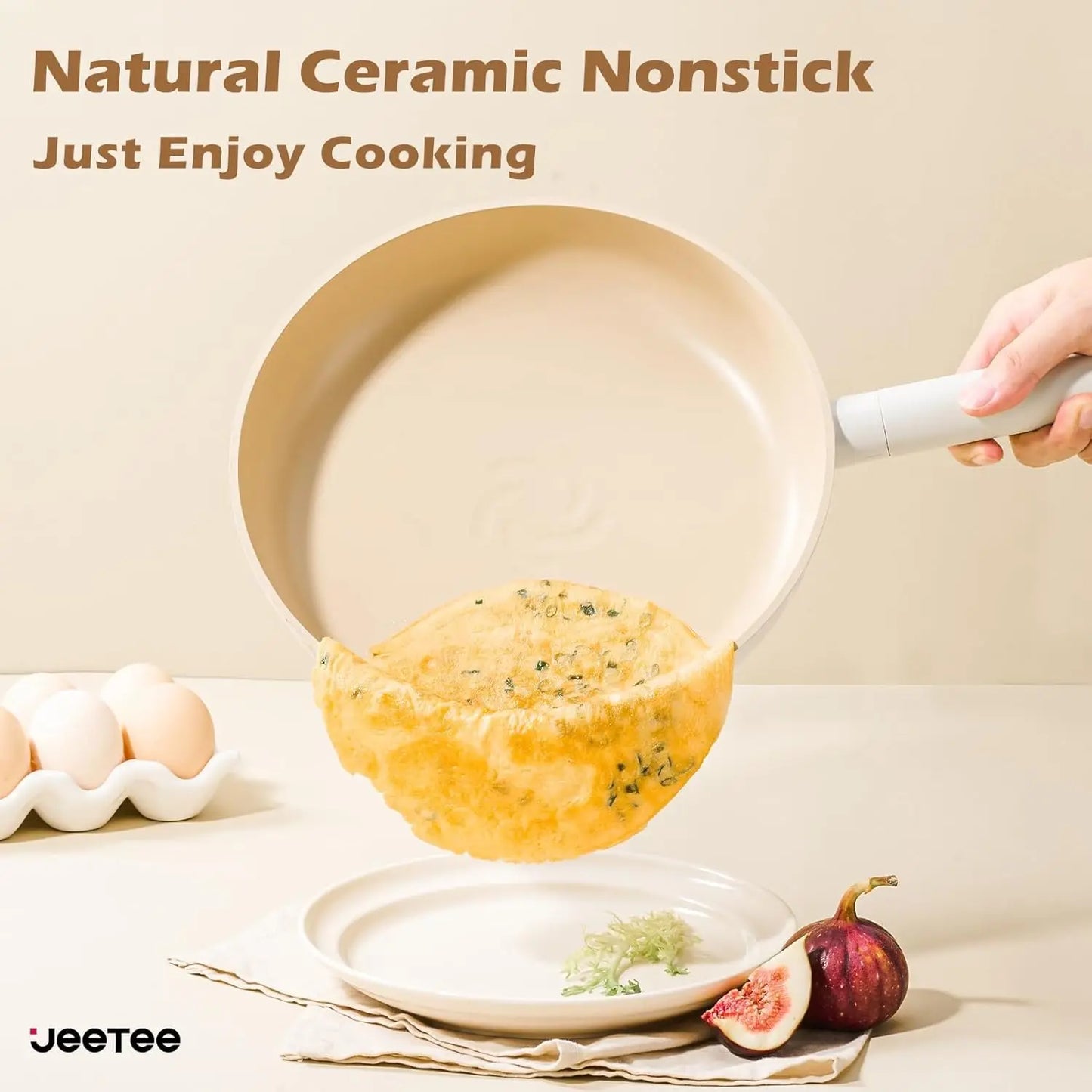 14Pcs Beige Ceramic Cookware Set  Pots and Pans Set Nonstick