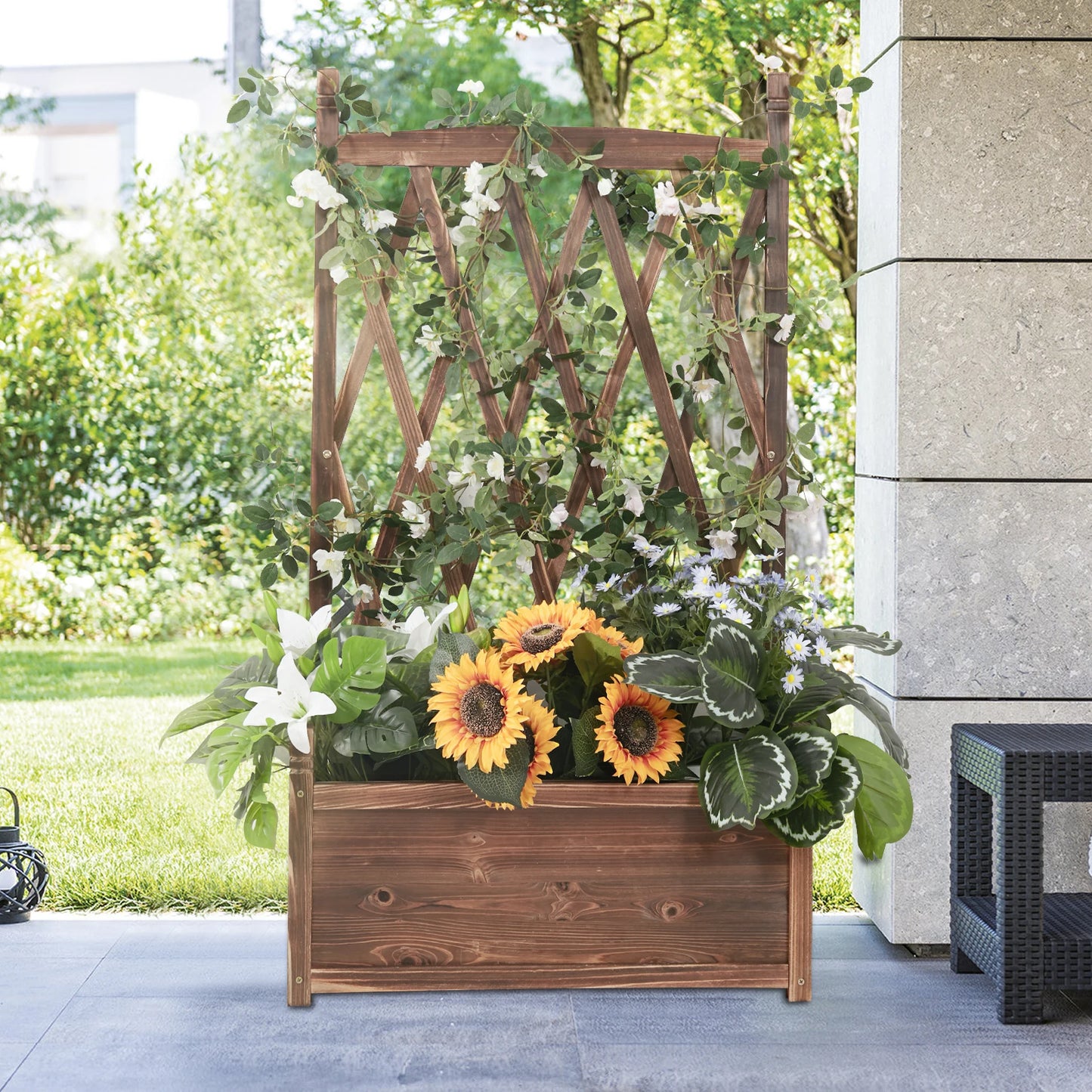 Wooden Raised Plant Vegetable Bed Garden Elevated Planter Box with Trellis for Growing Fresh Herbs Flowers