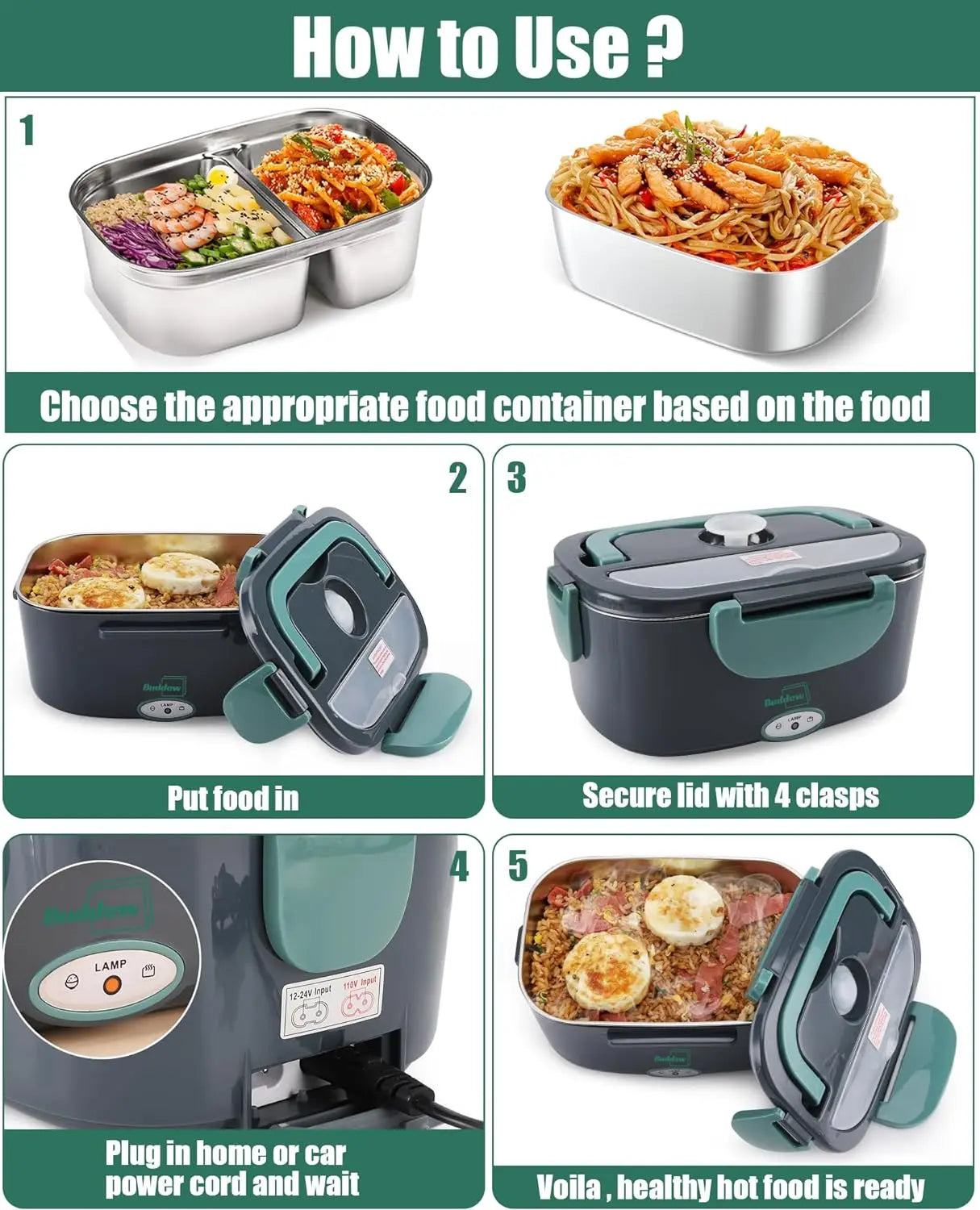 Buddew Electric Lunch Box 80W Food Heater for Adults