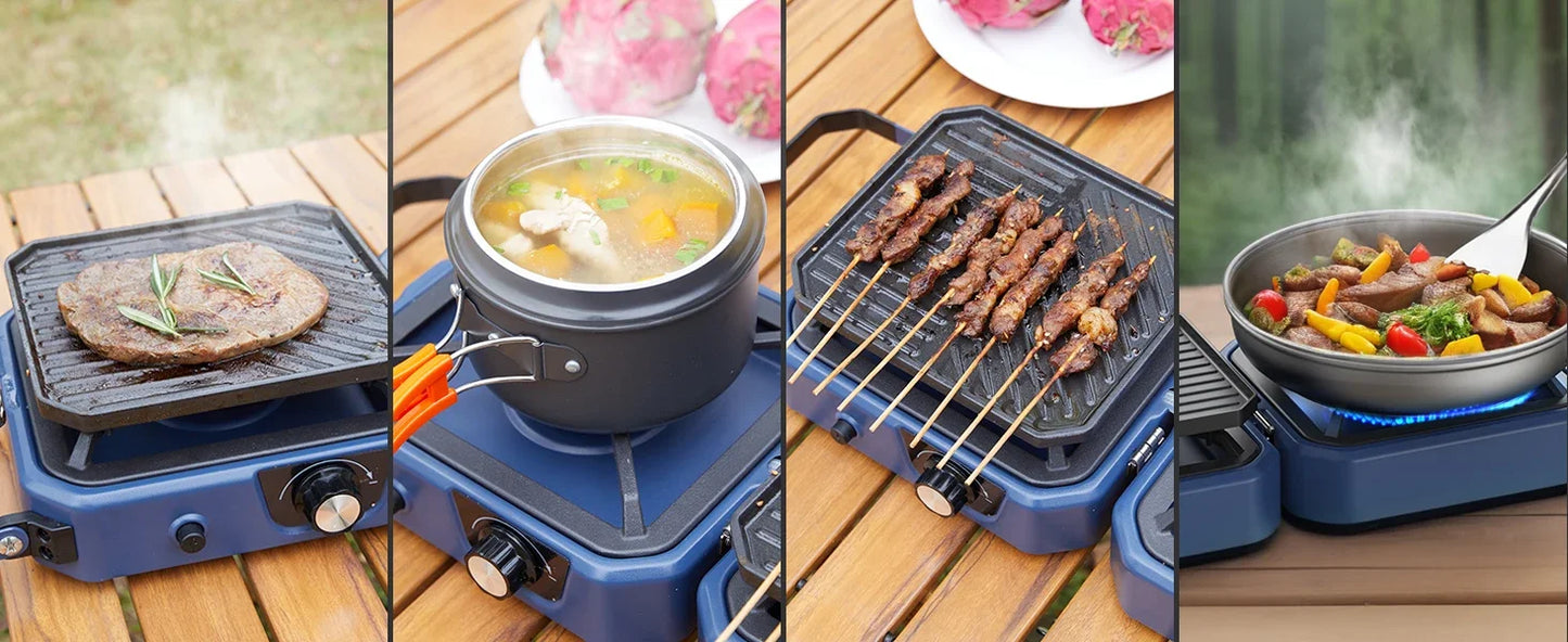 Camping Stove with Grill, Foldable Camp Stove with 16,000 BTU, Two Burners with Pie