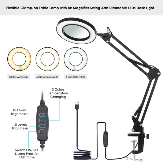 Clamp-on Table Lamp with 8x Magnifier