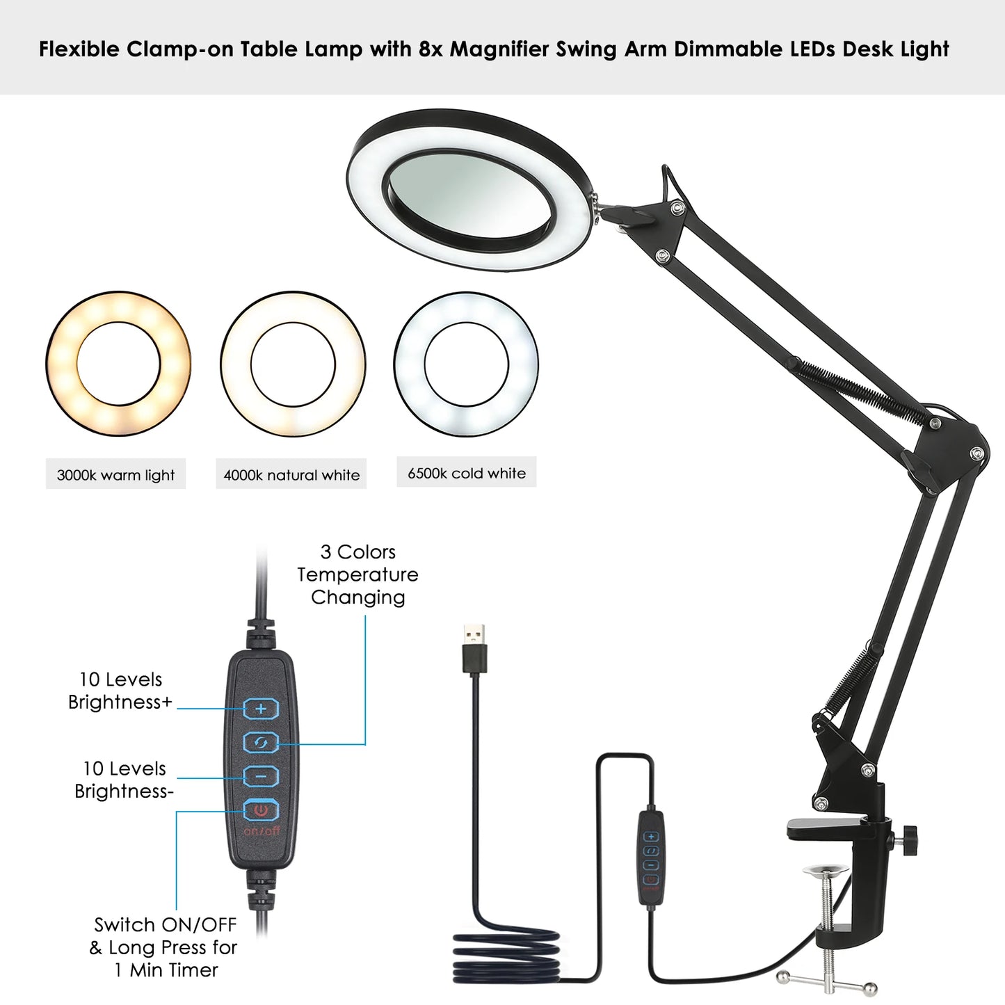 Clamp-on Table Lamp with 8x Magnifier