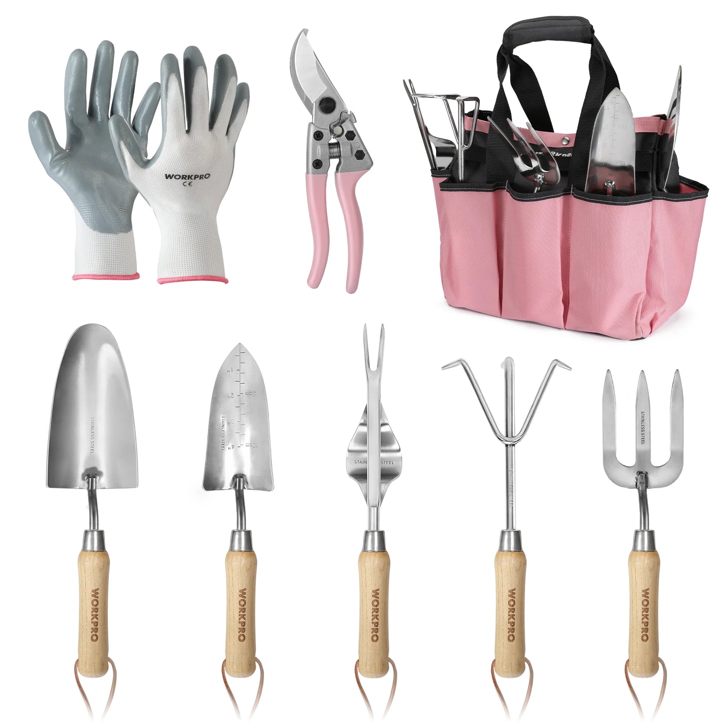 WORKPRO 8-Piece Pink Garden Tool Set with Tote and Gloves