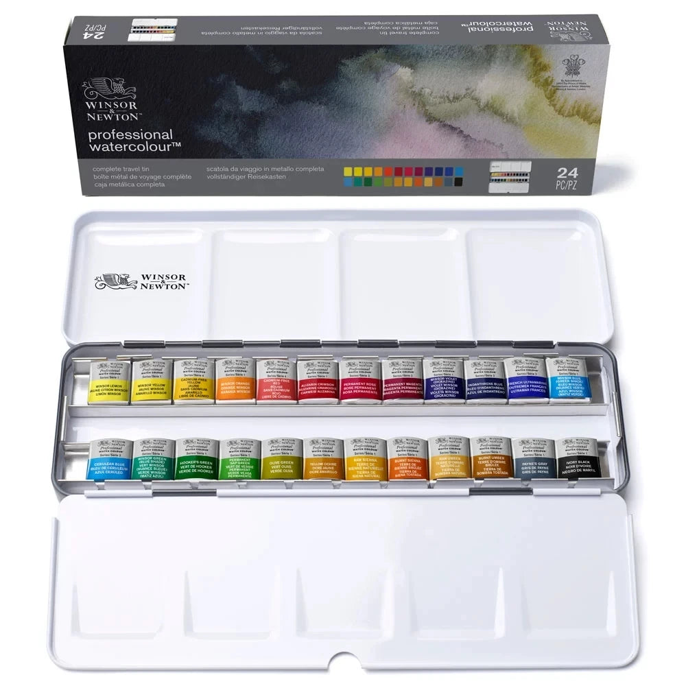 Professional Watercolor Lightweight Metal Box 24 Half Pans Color Field Pocket Set Watercolor Palette Brush