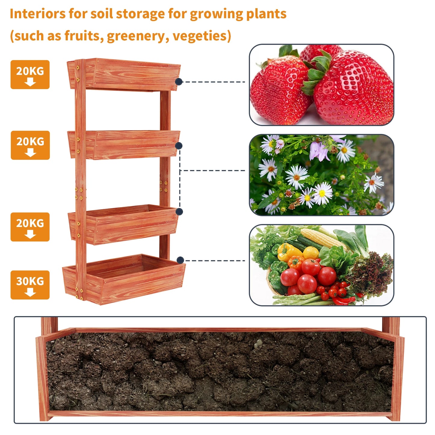4-Tier Raised Garden Bed, Wooden elevated Planters Stand