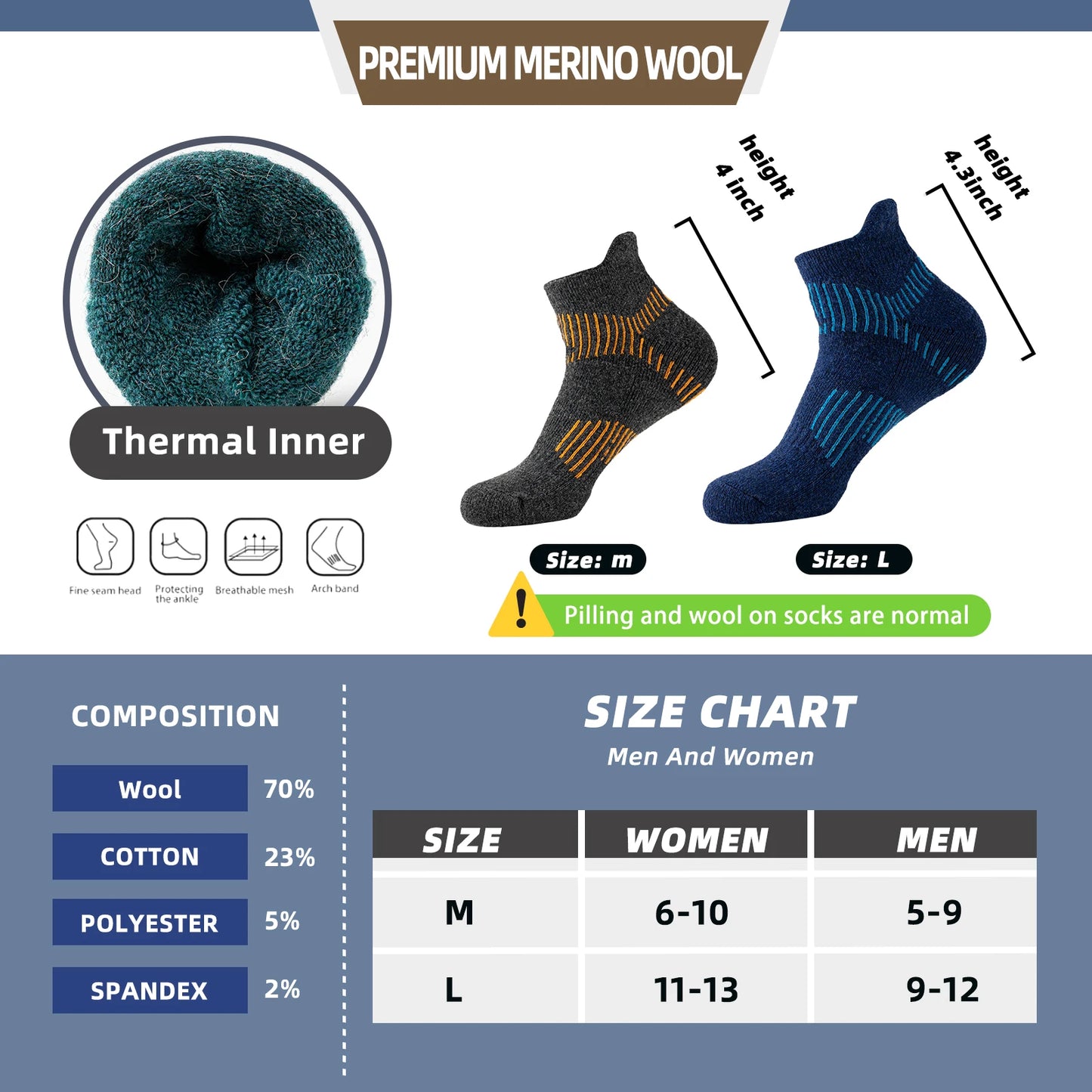 6 Pairs Merino Wool Ankle  Compression Socks
