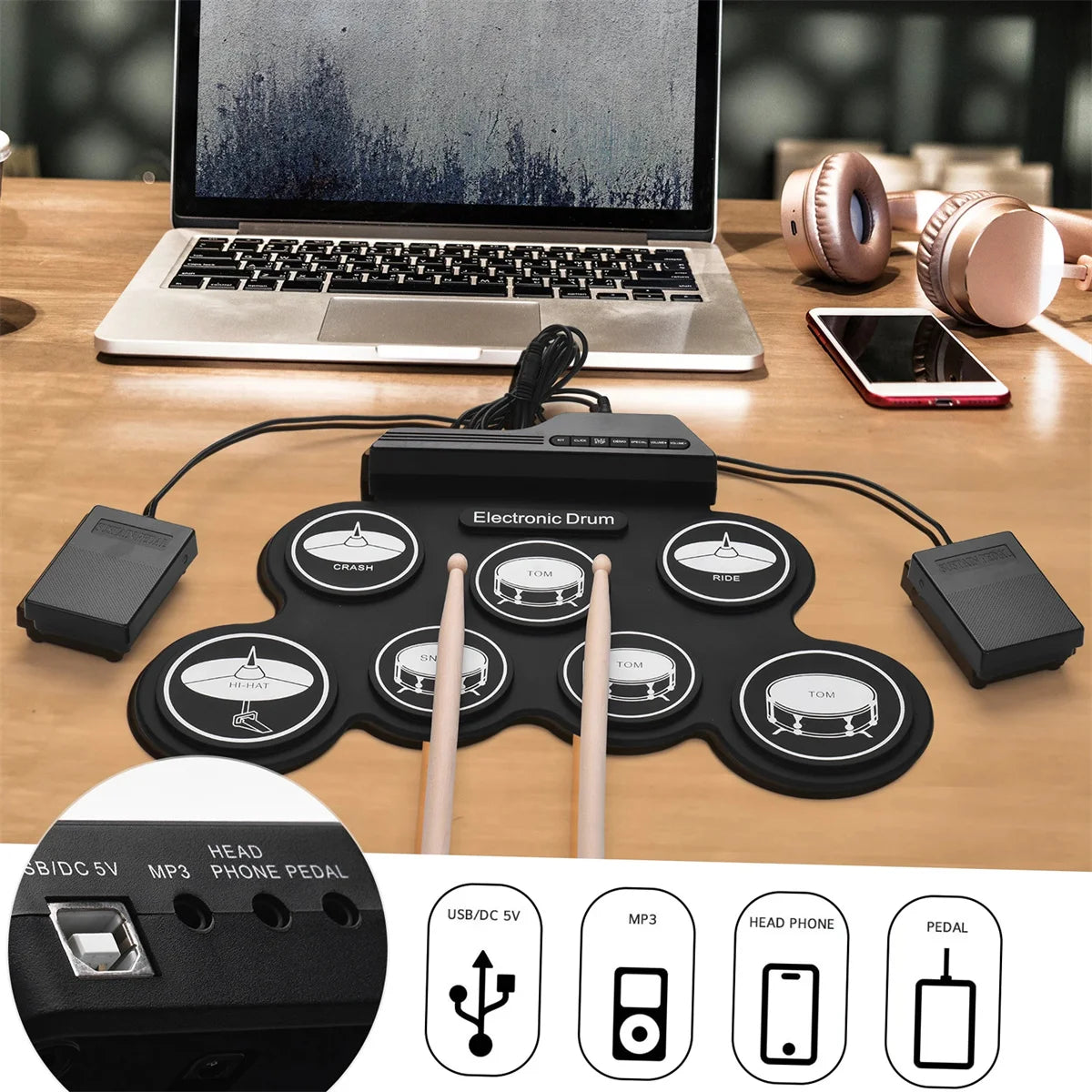 New Folding Silicone USB Electronic Drum With Drumsticks