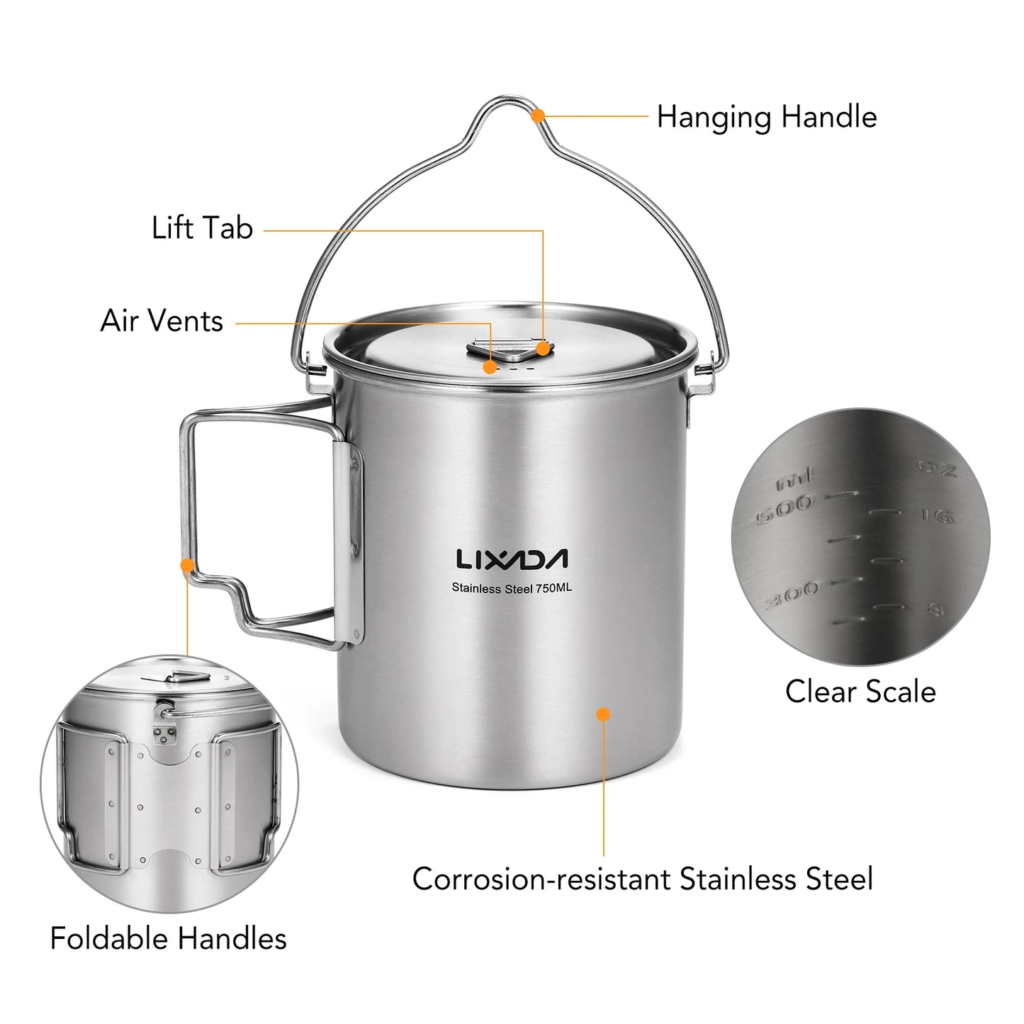 Lixada 750ml Outdoor Stainless Steel Water Cup Mug with Lid