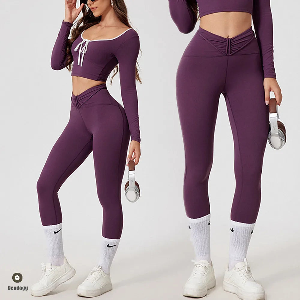 1/2Pcs Pad Crop Top Long Sleeve Gym Women Workout Set