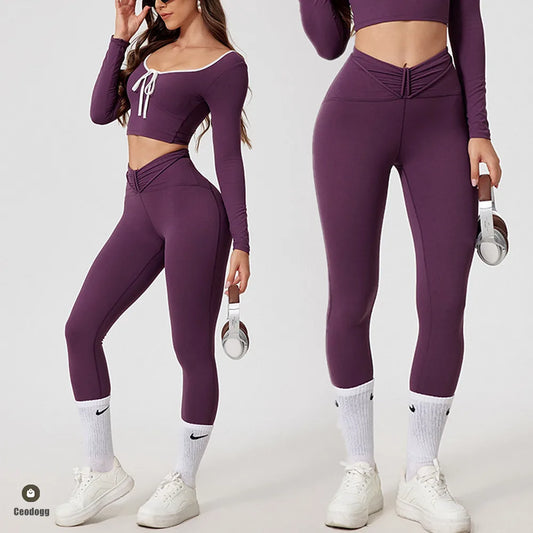 1/2Pcs Pad Crop Top Long Sleeve Gym Women Workout Set