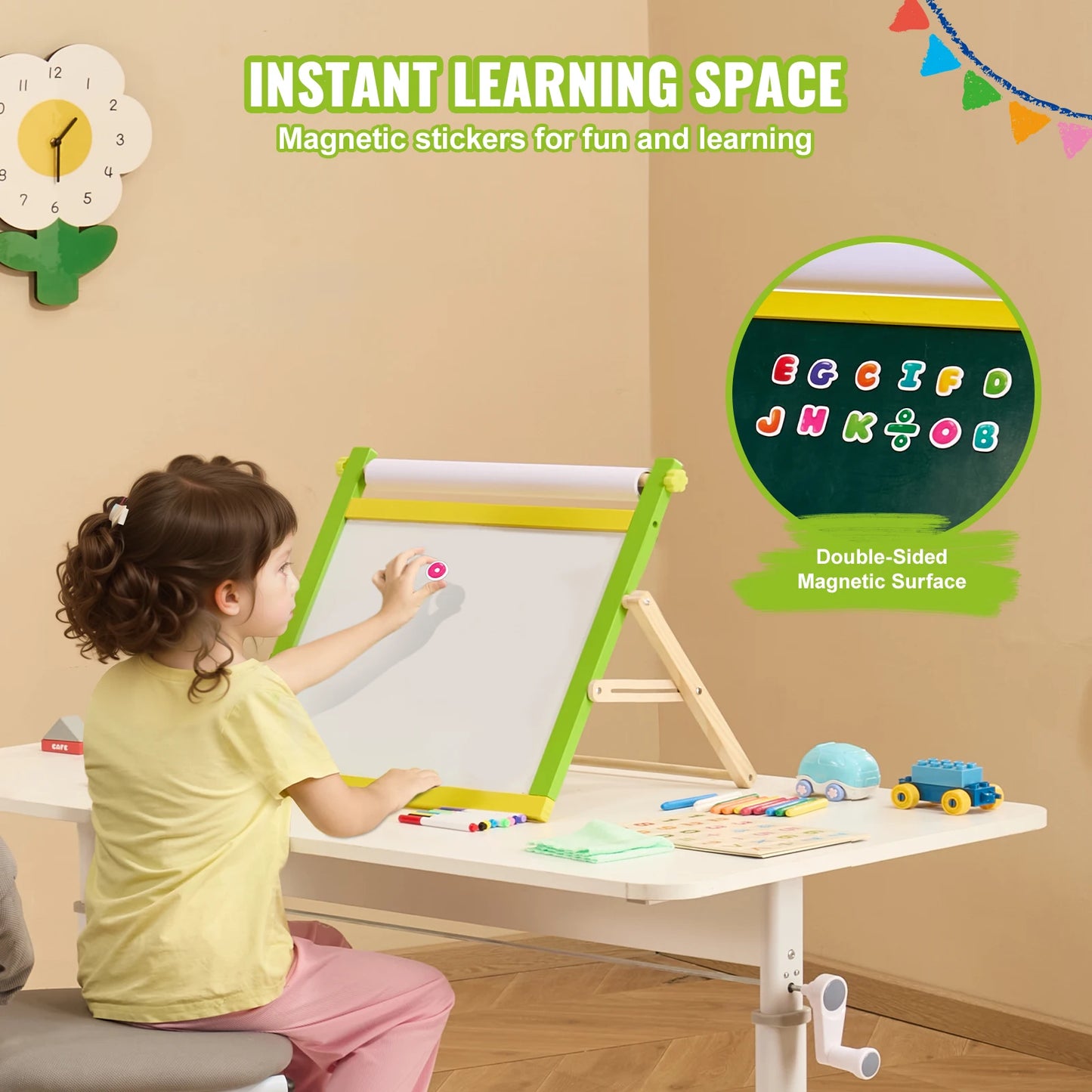 Children Magnetic Drawing Board 3-in-1 Double-Sided Wooden Kids Art Easel